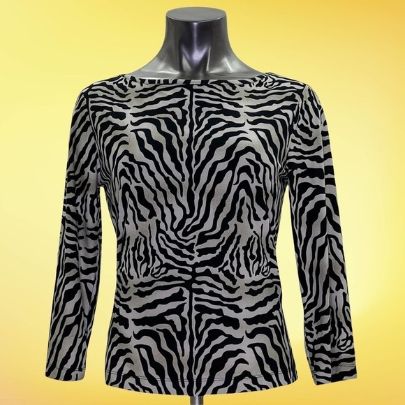 BLACK Tan Zebra Print Long Sleeve Boat Neck Top - Picture 10 of 11
